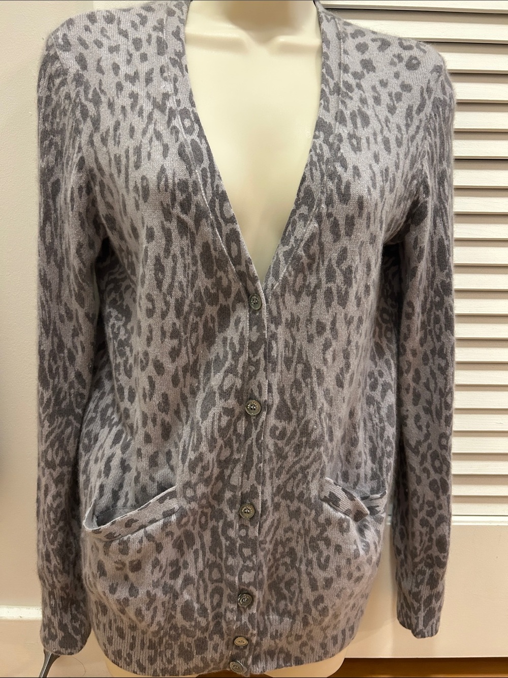 Equipment Cashmere  Gray Leopard Print V-Neck Button  Cardigan Sweater